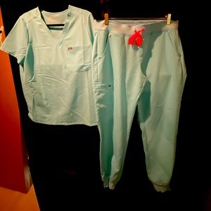 Figs Neon Blue TWO L tops and L Zamora Joggers